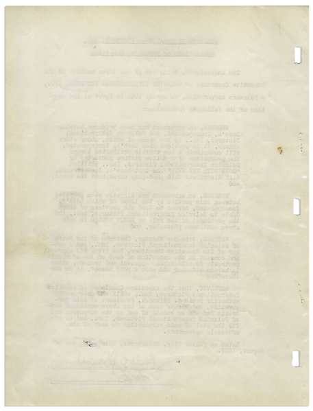 David O. Selznick Agreement Signed to Produce ''Gone With the Wind'' & Confirming Clark Gable Will Play Rhett Butler -- With PSA/DNA COA